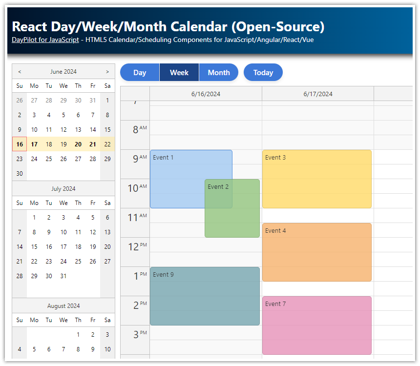 React Calendar with Day Week and Month Views